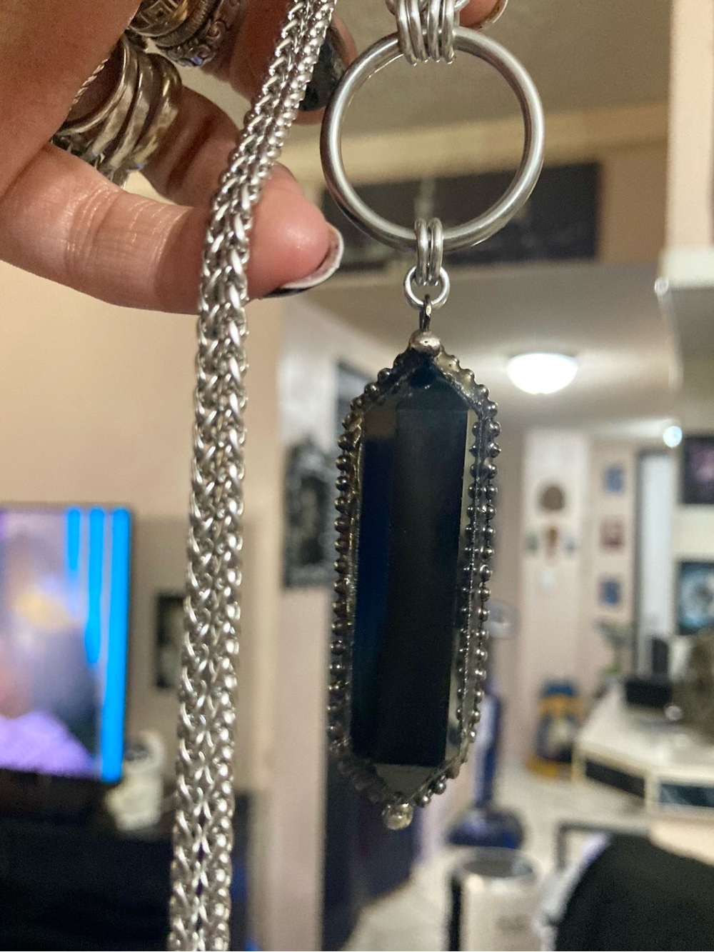 Black smoky crystal quartz boho goth long stainless steel chain necklace - Picture 7 of 13